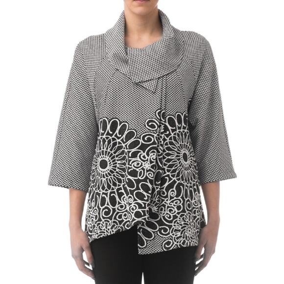 JOSEPH RIBKOFF Soft Knit Crosshatch Floral Jacket Size 8 Cowl Neck Black White - Picture 1 of 9